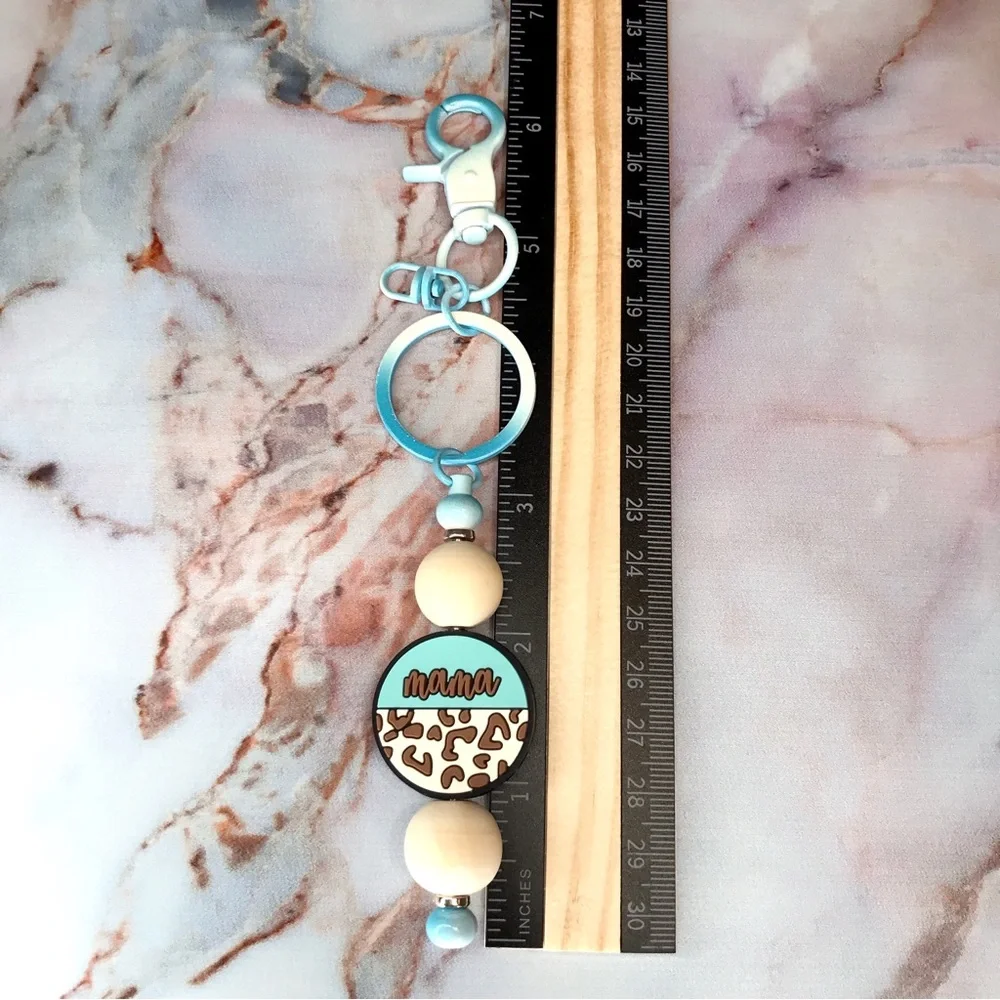 Handmade Keychain Mama with Brown Leopard Print & Wooden Beads - Picture 4 of 4